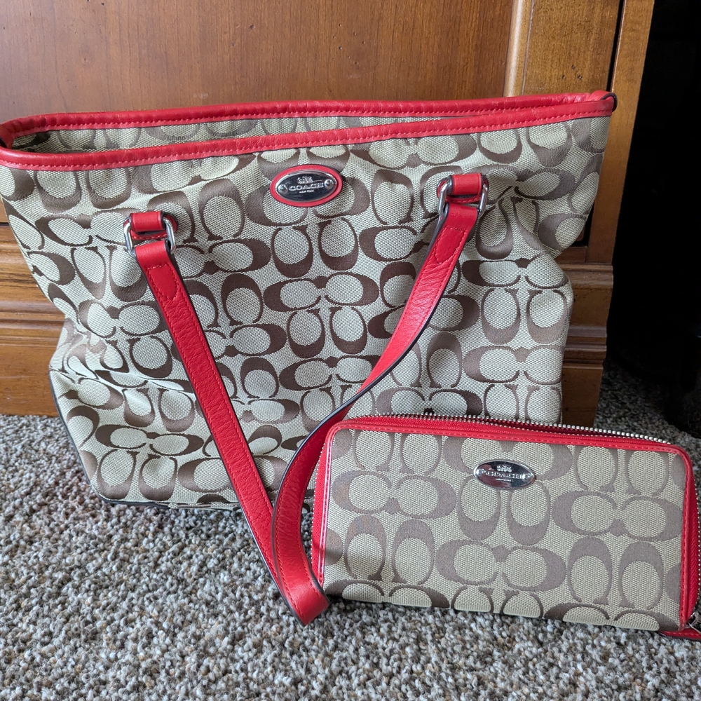 Coach Signature Tote and Wallet Set - Red and Tan